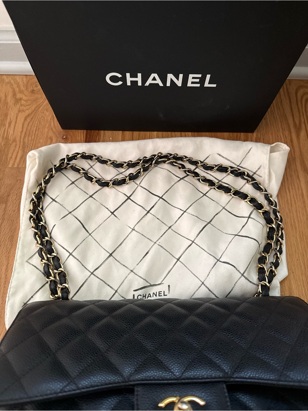 CHANEL Black Caviar Quilted Double Flap Shoulder Bag with Gold Hardware - Picture 11 of 15
